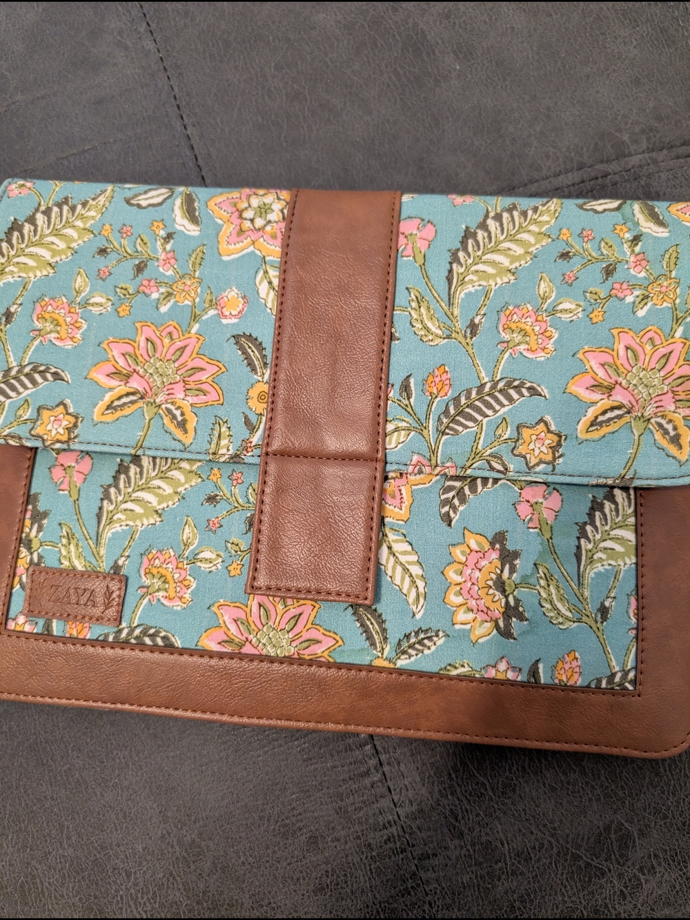 Floral Turquoise Canvas Tablet Case with Brown Trim